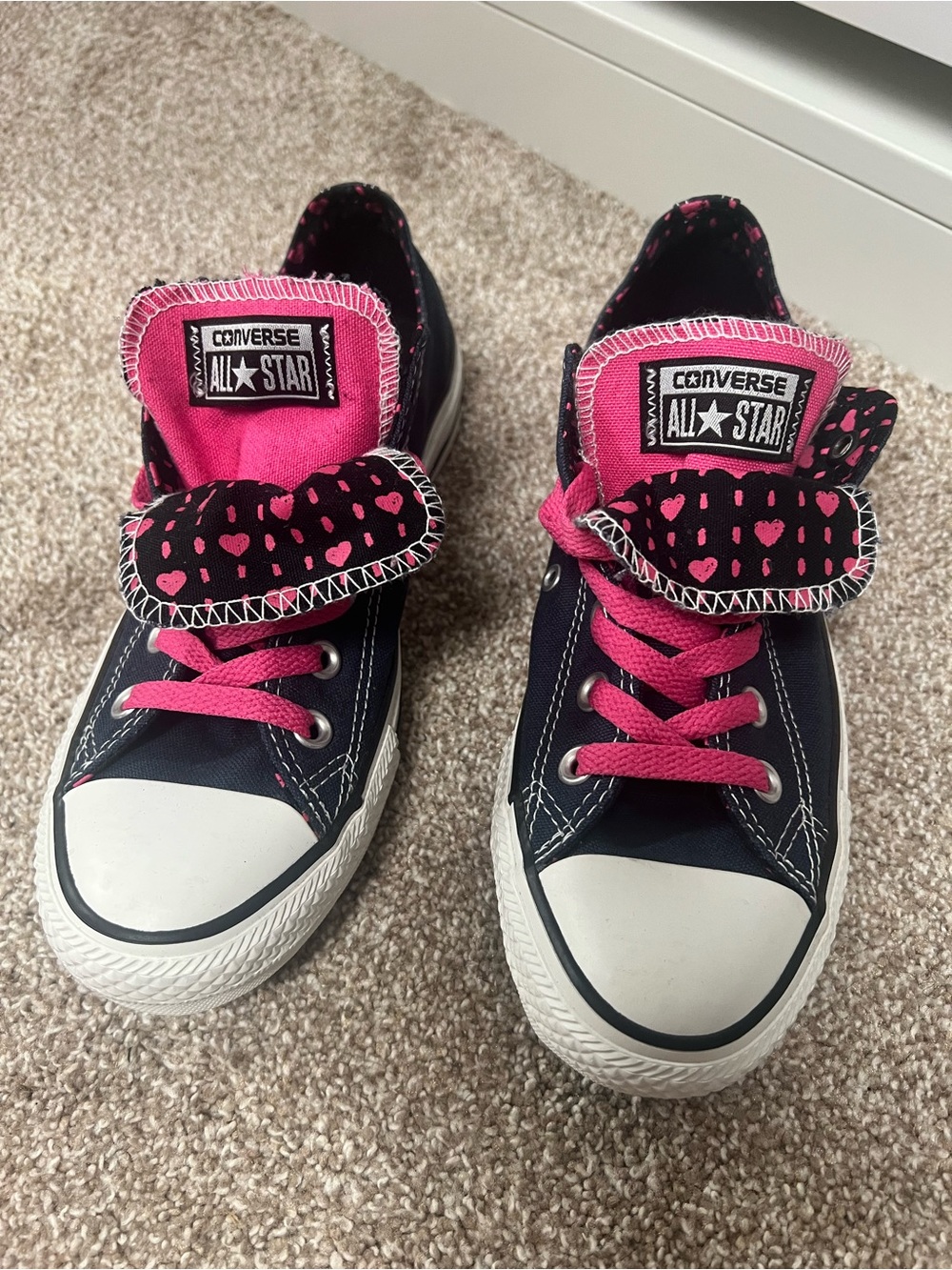 Converse Unisex Navy Sneakers with Pink Heart Accents